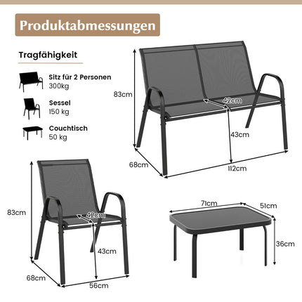 Terasová sestava 4 ks – kovový rám, látkové sedáky, skleněný stolek