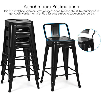 4 stohovatelné kovové barové židle, výška sedu 62 cm