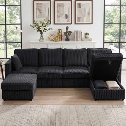 4-Seater U-Shaped Corduroy Sofa with Storage Ottoman