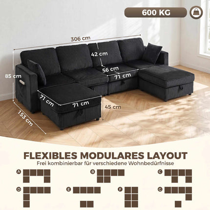 4-Seater U-Shaped Corduroy Sofa with Storage Ottoman