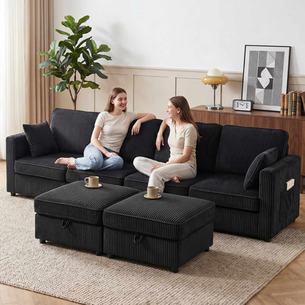 4-Seater U-Shaped Corduroy Sofa with Storage Ottoman