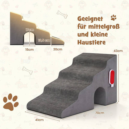 4-Step Grey Pet Stairs, 43 cm High, Washable Cover