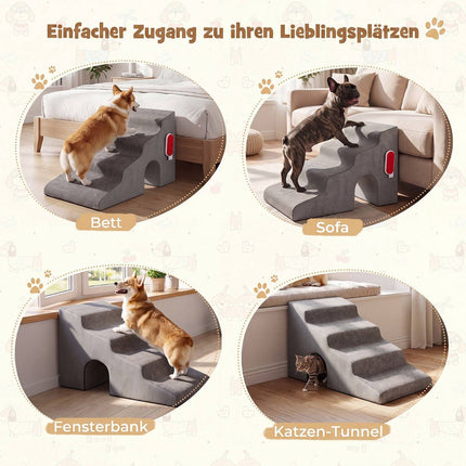 4-Step Grey Pet Stairs, 43 cm High, Washable Cover