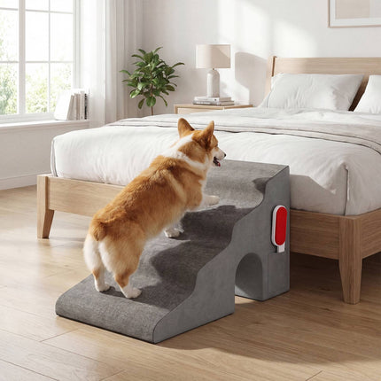 4-Step Grey Pet Stairs, 43 cm High, Washable Cover