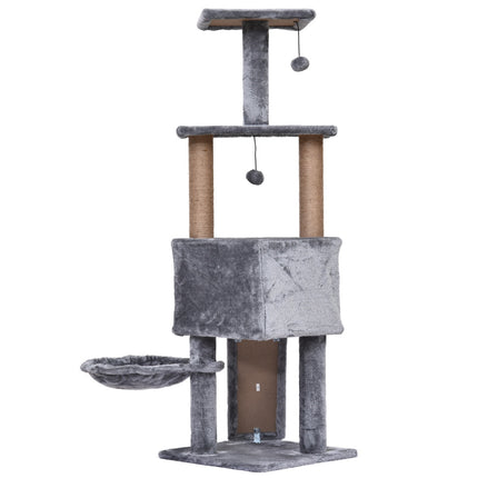 Cat tree, 4-story with hanging bed & sisal posts, gray