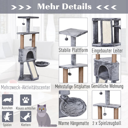 Cat tree, 4-story with hanging bed & sisal posts, gray