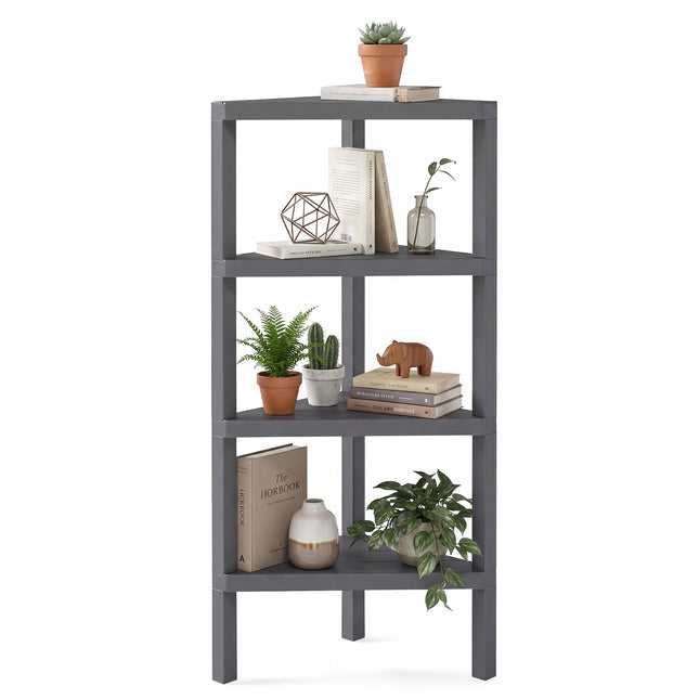 4-Tier Corner Bookshelf with Open Slatted Shelves, Grey