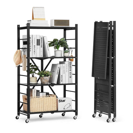 4-Tier Foldable Metal Storage Shelf, 26 x 13 x 46 in, With Wheels