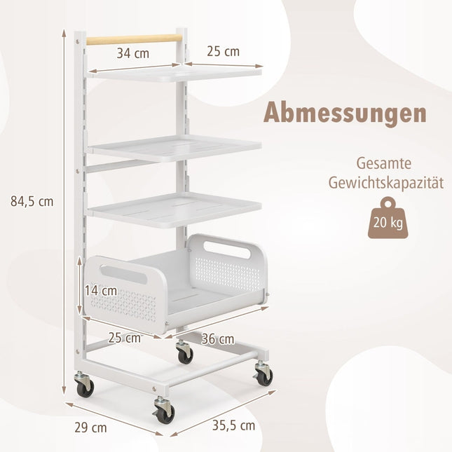 4-Tier Metal Rolling Cart with Adjustable Shelves, White