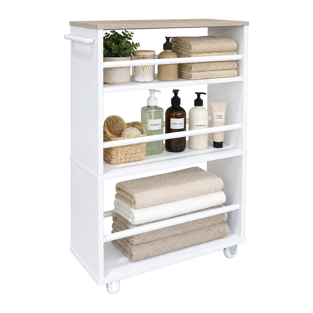 Slanke trolley met 4 etages en handvat – naturel wit
