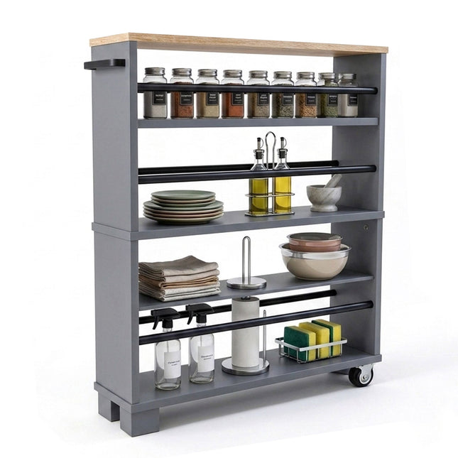 Trolley met 4 etages in houtlook, naturelgrijs, 80x13x50 cm
