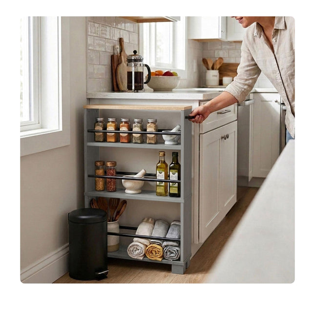 Trolley met 4 etages in houtlook, naturelgrijs, 80x13x50 cm