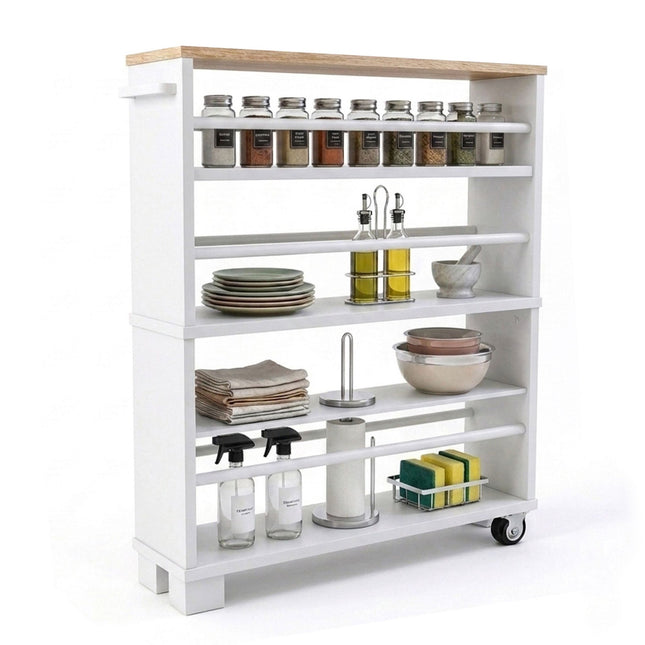 Trolley met 4 etages in houtlook en handvat, 80x13x50 cm