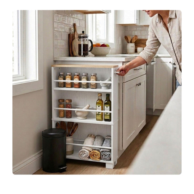 Trolley met 4 etages in houtlook en handvat, 80x13x50 cm
