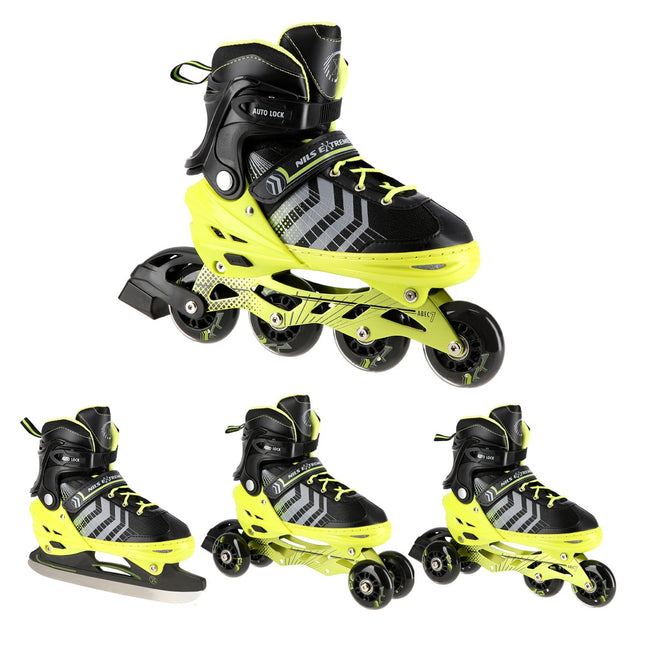 Černo-zelené inline a hokejové lední brusle 4v1, velikost M