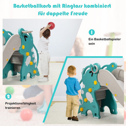Dětská skluzavka 4v1 dinosaurus s prolézačkou a basketbalovým košem 188 x 65 x 80 cm