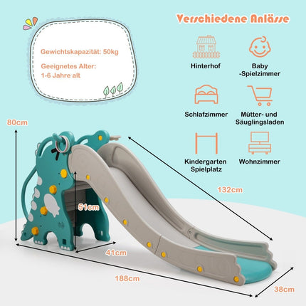 Dětská skluzavka 4v1 dinosaurus s prolézačkou a basketbalovým košem 188 x 65 x 80 cm