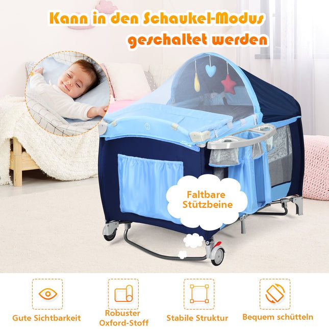 Skládací dětská postýlka a ohrádka 4v1 s baldachýnem, modrá