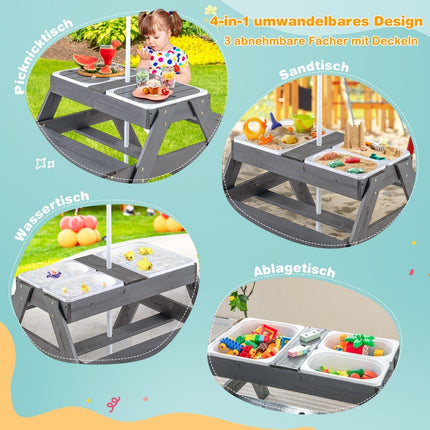 4 in 1 Picnic Table Set for Kids with 3 Removable Containers for Sand/Water Play Table