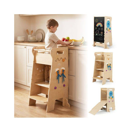 4-in-1 Toddler Tower with Slide and Chalkboard, Montessori Kitchen Step Stool