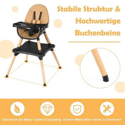 4-in-1 baby high chair with safety belt & removable tray children's seating group brown