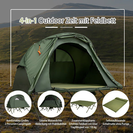 Kempingový stan 4v1 pro 2 osoby s přehozem a matrací 194 x 146 x 160 cm zelená