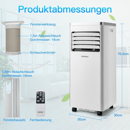 Mobilní klimatizace 4v1 chlazení, ventilace a odvlhčování klimatizační jednotka s odvodní hadicí 7000BTU bílá