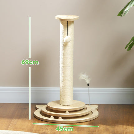 Škrabadlo pro kočky, 69 cm sisal s hracím míčkem, dubový dekor