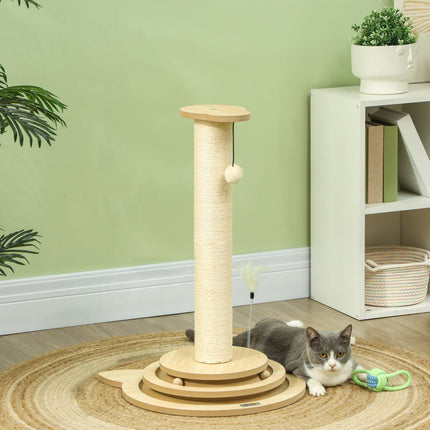 Škrabadlo pro kočky, 69 cm sisal s hracím míčkem, dubový dekor