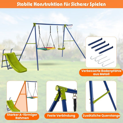 4-in-1 swing set for 3-12 year olds. Robust metal playset with slide