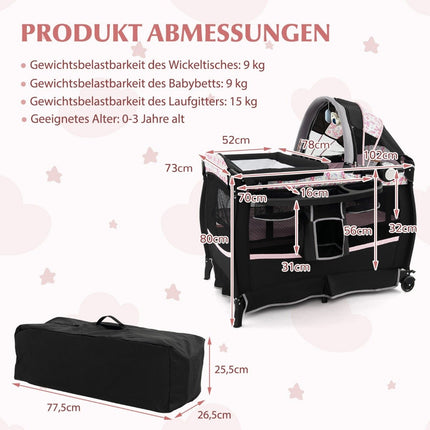 4 in 1 travel cot with mattress folding side bed with adjustable canopy pink flowers