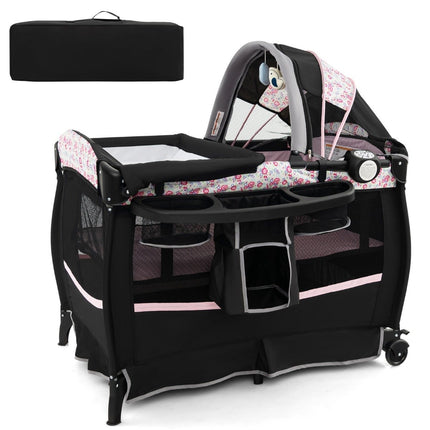 4 in 1 travel cot with mattress folding side bed with adjustable canopy pink flowers