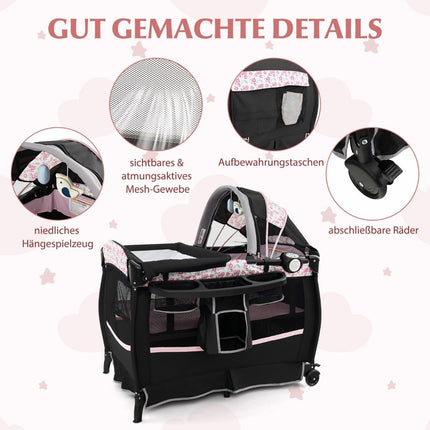 4 in 1 travel cot with mattress folding side bed with adjustable canopy pink flowers