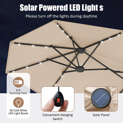 Oboustranný zahradní slunečník 4 m, solární LED, podstavec, béžová