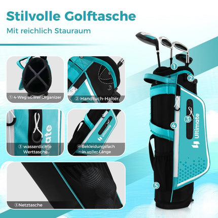 Dětská golfová sada 4 ks s bagem a pláštěnkou pro děti 5-7 let, modrá