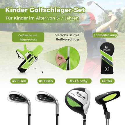 Dětská golfová sada 4 ks s bagem a pláštěnkou pro děti 5-7 let, zelená