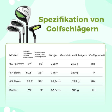 Dětská golfová sada 4 ks s bagem a pláštěnkou pro děti 5-7 let, zelená