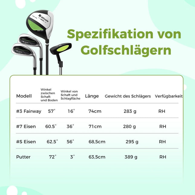 4-piece children's golf club set with golf bag and rain cover for children aged 5-7 years green