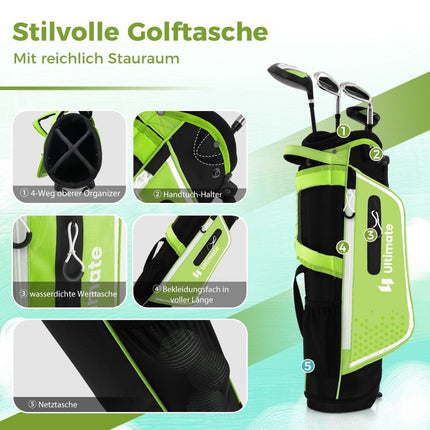 Dětská golfová sada 4 ks s bagem a pláštěnkou pro děti 5-7 let, zelená