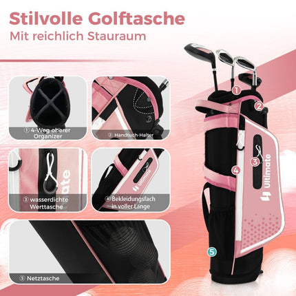 Dětská golfová sada 4 ks s bagem a pláštěnkou pro děti 5-7 let, růžová