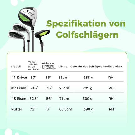 Dětská golfová sada 4 ks s bagem a pláštěnkou pro děti 8-10 let, zelená