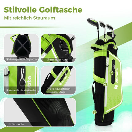 Dětská golfová sada 4 ks s bagem a pláštěnkou pro děti 8-10 let, zelená