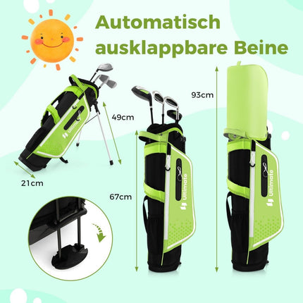 Dětská golfová sada 4 ks s bagem a pláštěnkou pro děti 8-10 let, zelená
