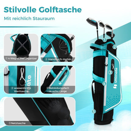 Dětská golfová sada 4 ks s bagem a pláštěnkou pro děti 8-10 let, modrá