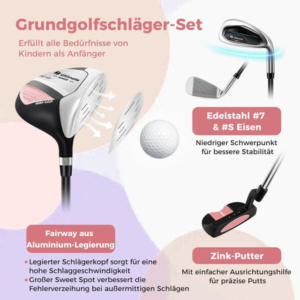 Dětská golfová sada 4 ks s bagem a pláštěnkou pro děti 8-10 let, růžová