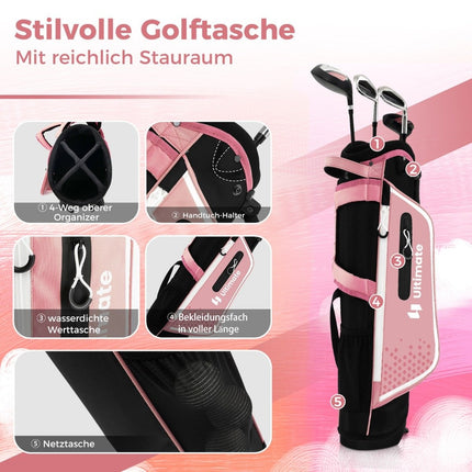 Dětská golfová sada 4 ks s bagem a pláštěnkou pro děti 8-10 let, růžová