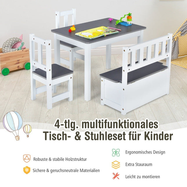 4-teilige Kindersitzgruppe Holzsitzgruppe Kinder Kindertischgruppe Grau + Weiß