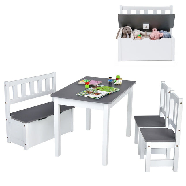 4-teilige Kindersitzgruppe Holzsitzgruppe Kinder Kindertischgruppe Grau + Weiß