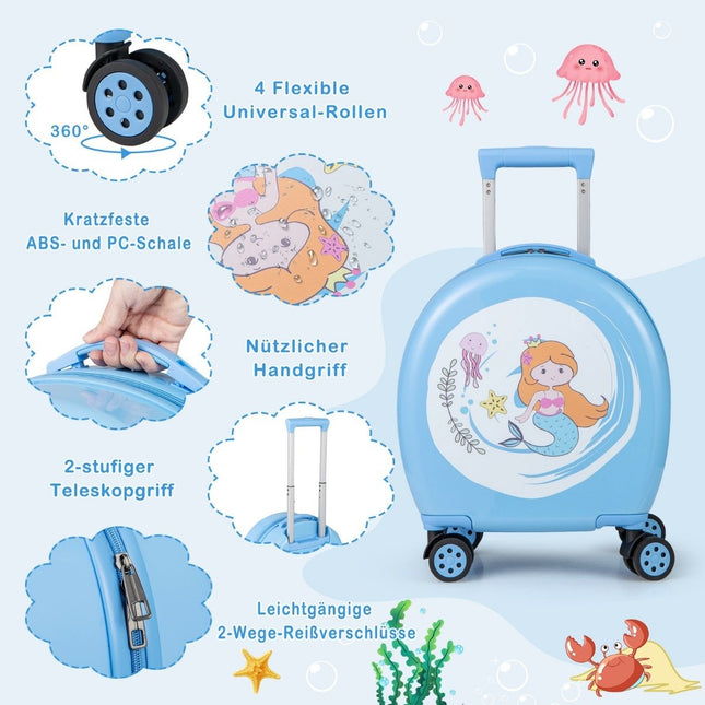 4-delige kinderkoffer + rugzak 10" + 14" kindertrolley met wielen blauw