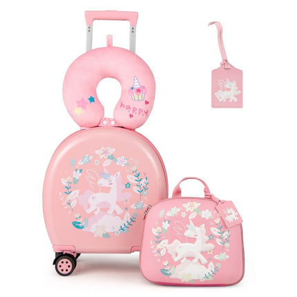 Dětský kufr + batoh 4 ks 10"+14", dětský kufřík na kolečkách, růžový